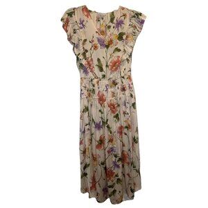 Current Air Anthropologie Pink Floral Flutter Sleeve Smock Waist V Neck Dress M